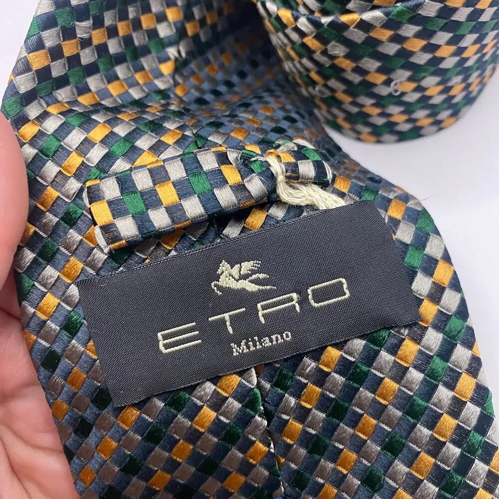 ETRO Woven Check Pattern 100% Silk Tie Green Yellow Grey Made in Italy